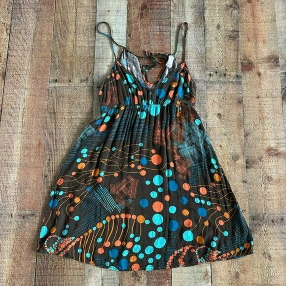 Quiksilver Women's Sleeveless Cami Mini Dress in Brown Blue Orange Polka Dots - Picture 1 of 8